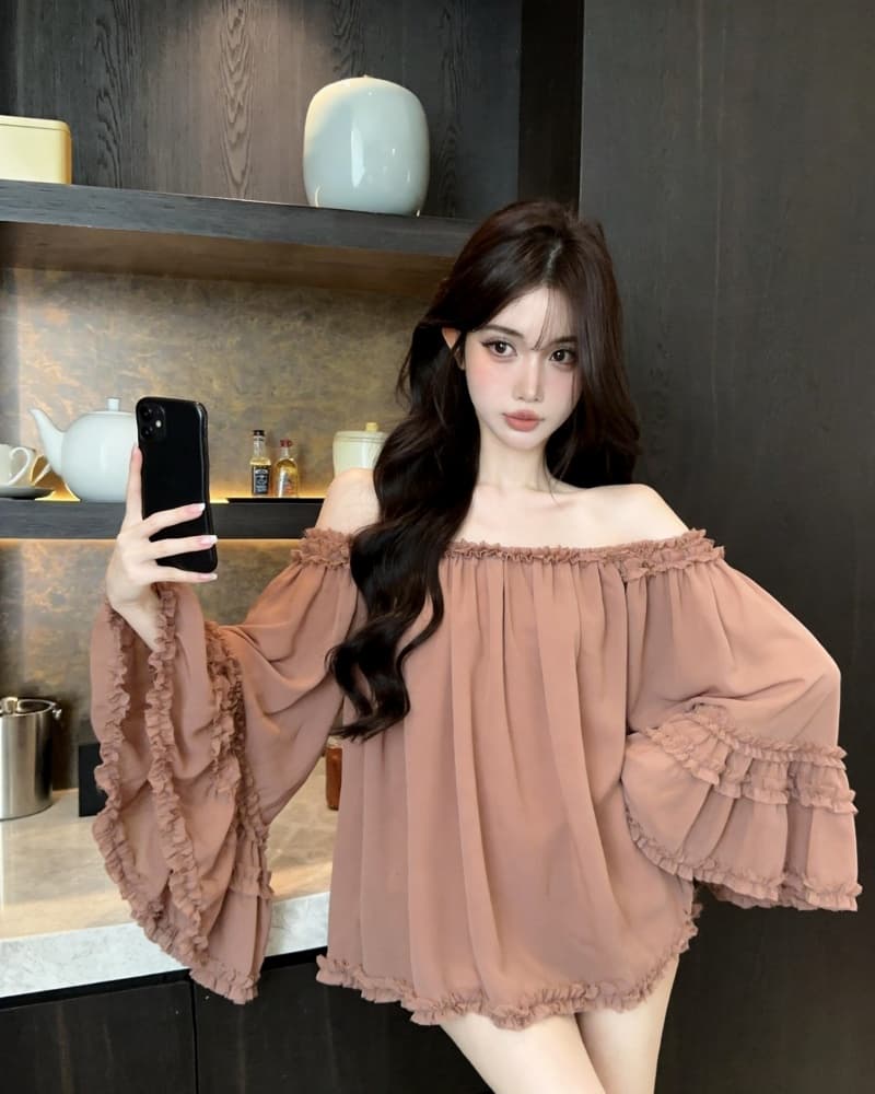 실사 새로운 분위기 센스 나팔 소매 도루 가을 섹시함 오프숄더 맨위 여성 셔츠 상세 이미지 22