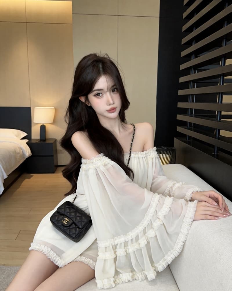 실사 새로운 분위기 센스 나팔 소매 도루 가을 섹시함 오프숄더 맨위 여성 셔츠 상세 이미지 4