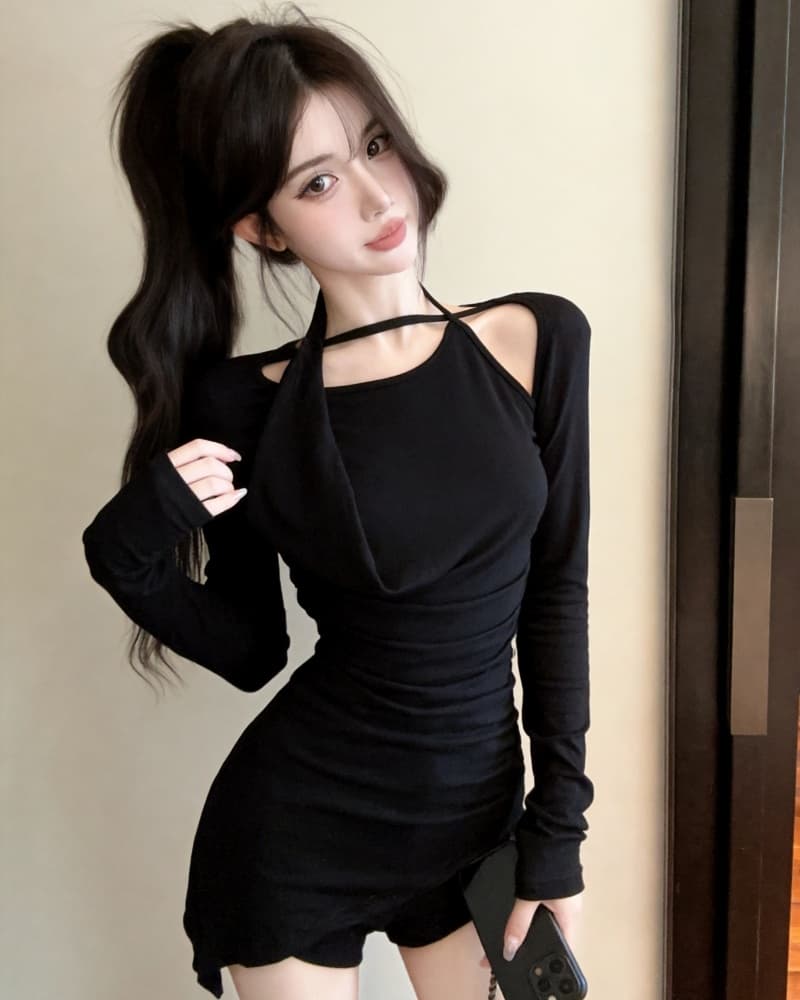 실사 새로운 회색 행침 목 오프숄더 불규칙 순면 긴팔 티셔츠 여성 이미지 3
