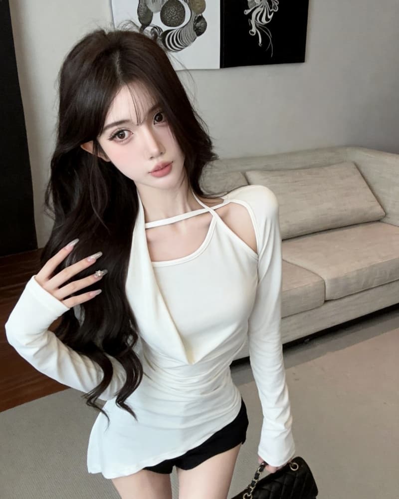 실사 새로운 회색 행침 목 오프숄더 불규칙 순면 긴팔 티셔츠 여성 상세 이미지 7