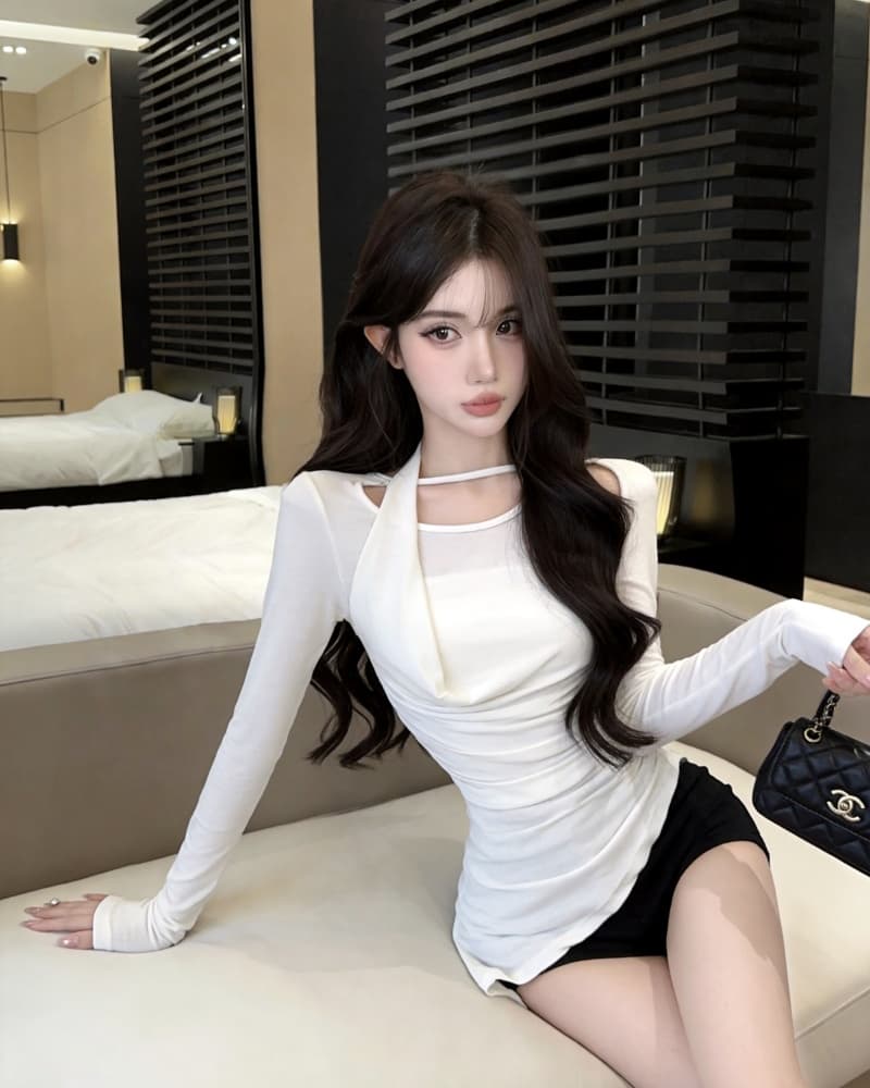 실사 새로운 회색 행침 목 오프숄더 불규칙 순면 긴팔 티셔츠 여성 상세 이미지 10