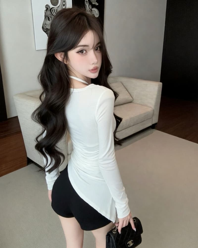 실사 새로운 회색 행침 목 오프숄더 불규칙 순면 긴팔 티셔츠 여성 상세 이미지 11