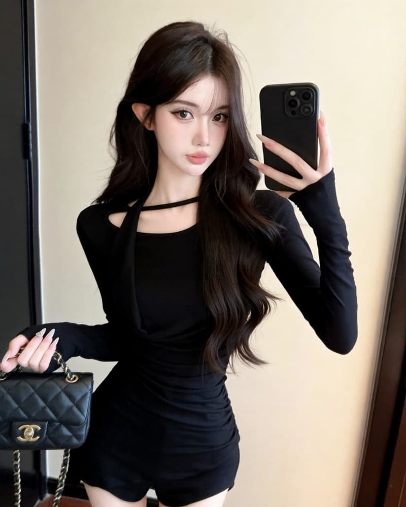 실사 새로운 회색 행침 목 오프숄더 불규칙 순면 긴팔 티셔츠 여성 상세 이미지 13