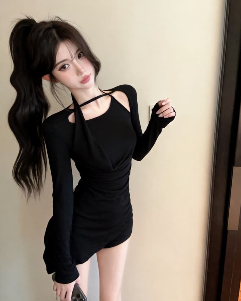 실사 새로운 회색 행침 목 오프숄더 불규칙 순면 긴팔 티셔츠 여성 상세 이미지 15