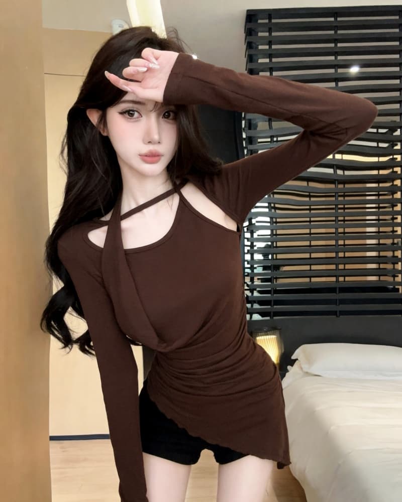 실사 새로운 회색 행침 목 오프숄더 불규칙 순면 긴팔 티셔츠 여성 상세 이미지 18