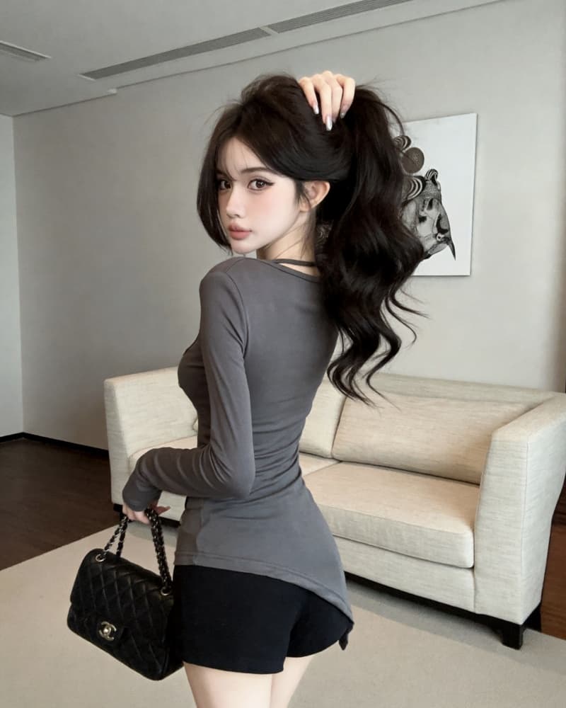 실사 새로운 회색 행침 목 오프숄더 불규칙 순면 긴팔 티셔츠 여성 상세 이미지 4