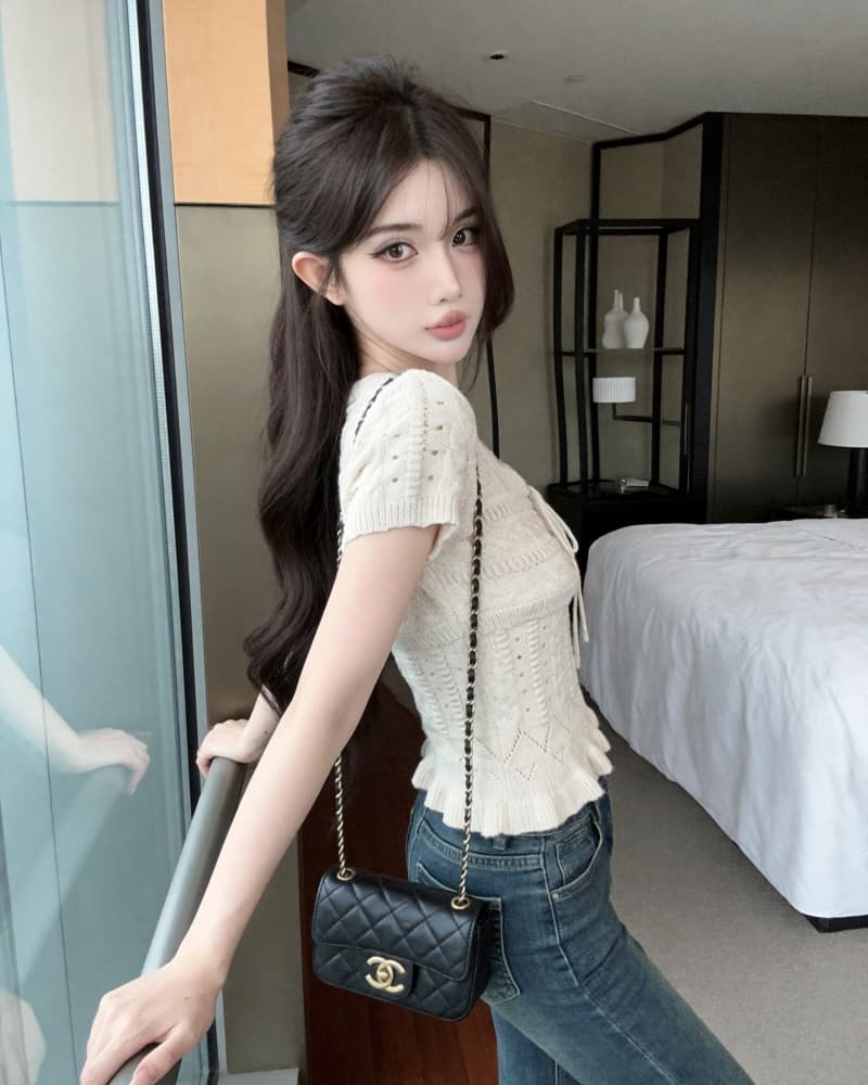 실사 새로운 순수한 욕망 화이트 V넥 홀로우 아웃 레이스업 반팔 니트 스웨터 여성 상세 이미지 4