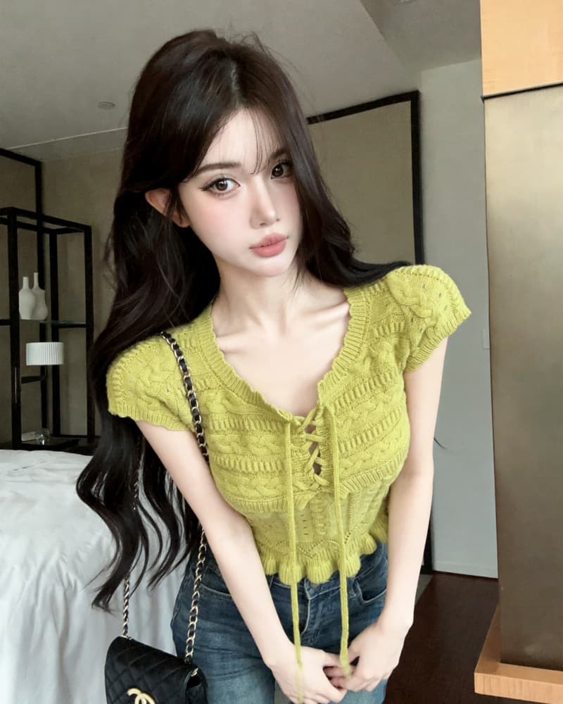 실사 새로운 순수한 욕망 화이트 V넥 홀로우 아웃 레이스업 반팔 니트 스웨터 여성 상세 이미지 13