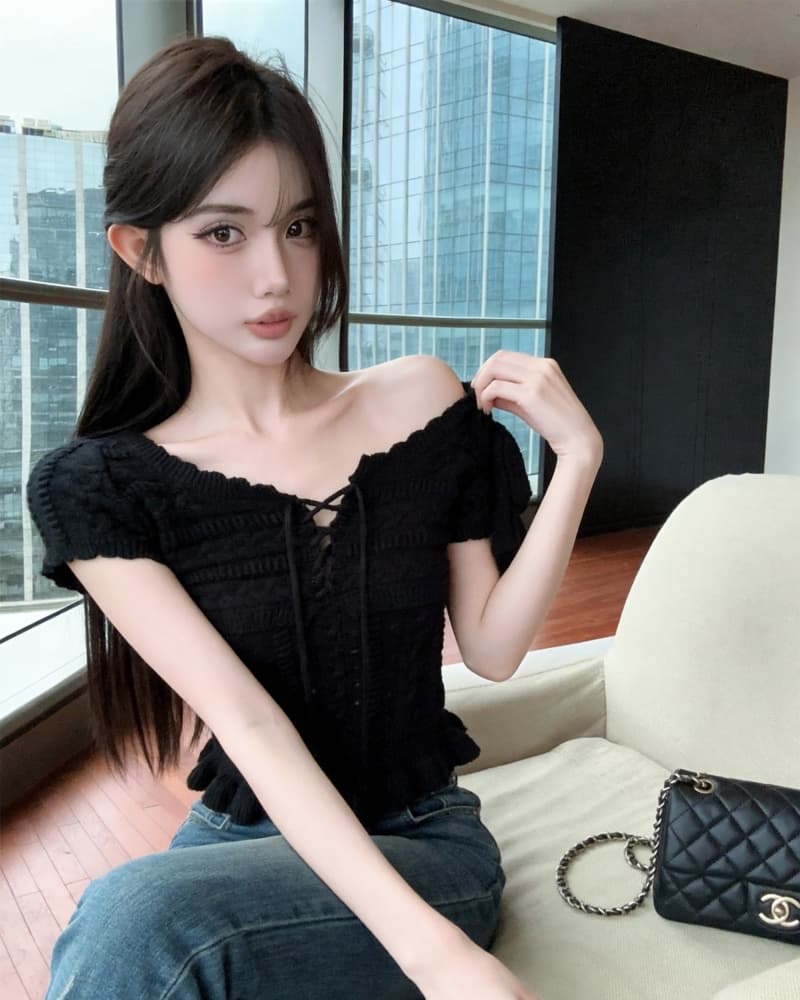 실사 새로운 순수한 욕망 화이트 V넥 홀로우 아웃 레이스업 반팔 니트 스웨터 여성 상세 이미지 22