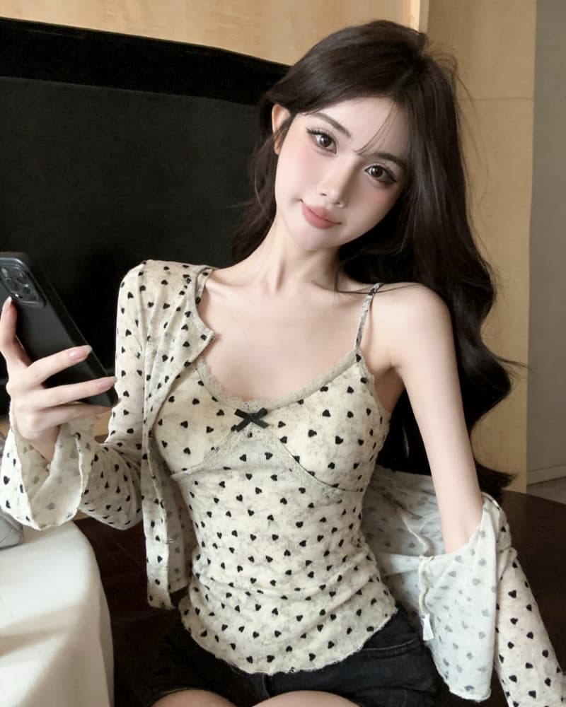 실사 새로운 순수한 욕망 바람 하트 도트 무늬 레이스 캐미솔 얇은 스타일 자외선 차단 두 조각 여성 세트 있음 가슴 패드 상세 이미지 8