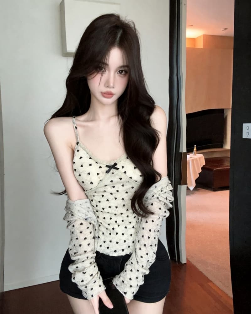 실사 새로운 순수한 욕망 바람 하트 도트 무늬 레이스 캐미솔 얇은 스타일 자외선 차단 두 조각 여성 세트 있음 가슴 패드 상세 이미지 15