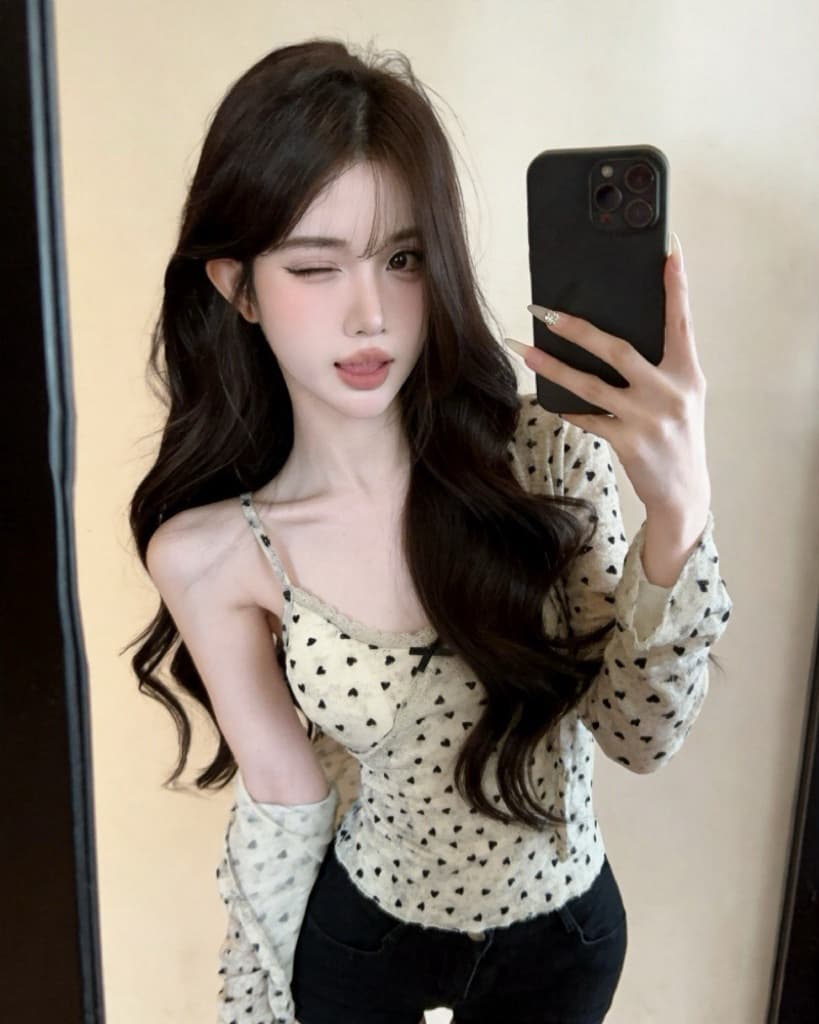 실사 새로운 순수한 욕망 바람 하트 도트 무늬 레이스 캐미솔 얇은 스타일 자외선 차단 두 조각 여성 세트 있음 가슴 패드 상세 이미지 2