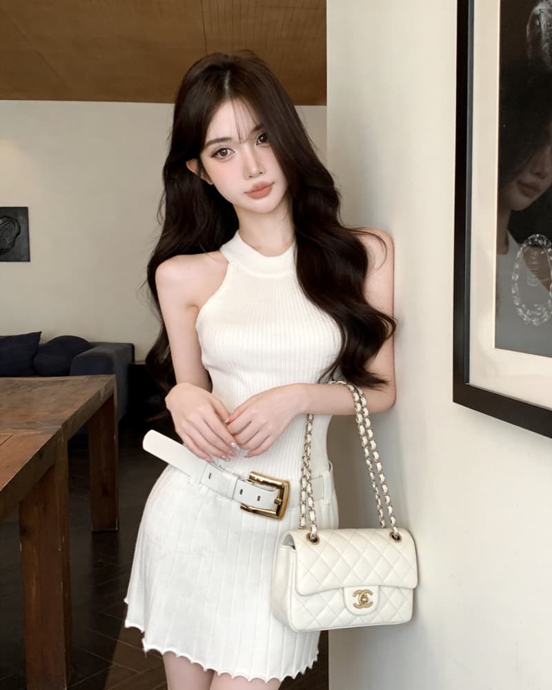 실사 새로운 화이트 니트 행침 목 플리츠 스커트 허리 수축 여성 드레스 벨트 포함 상세 이미지 2