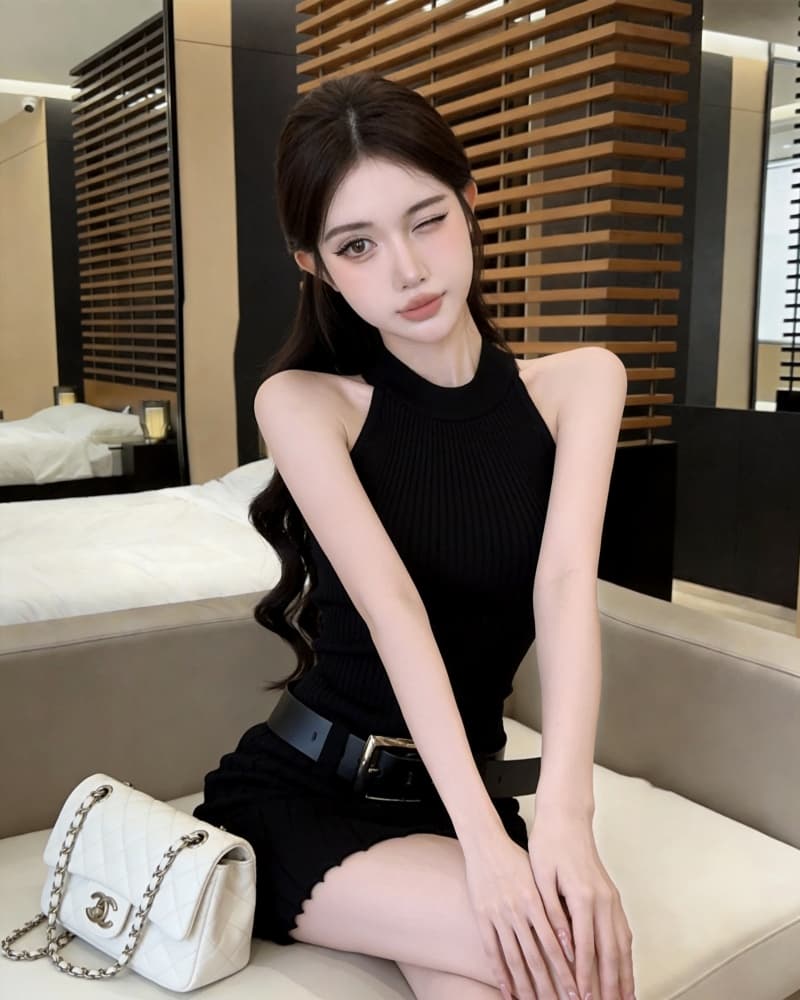 실사 새로운 화이트 니트 행침 목 플리츠 스커트 허리 수축 여성 드레스 벨트 포함 상세 이미지 18