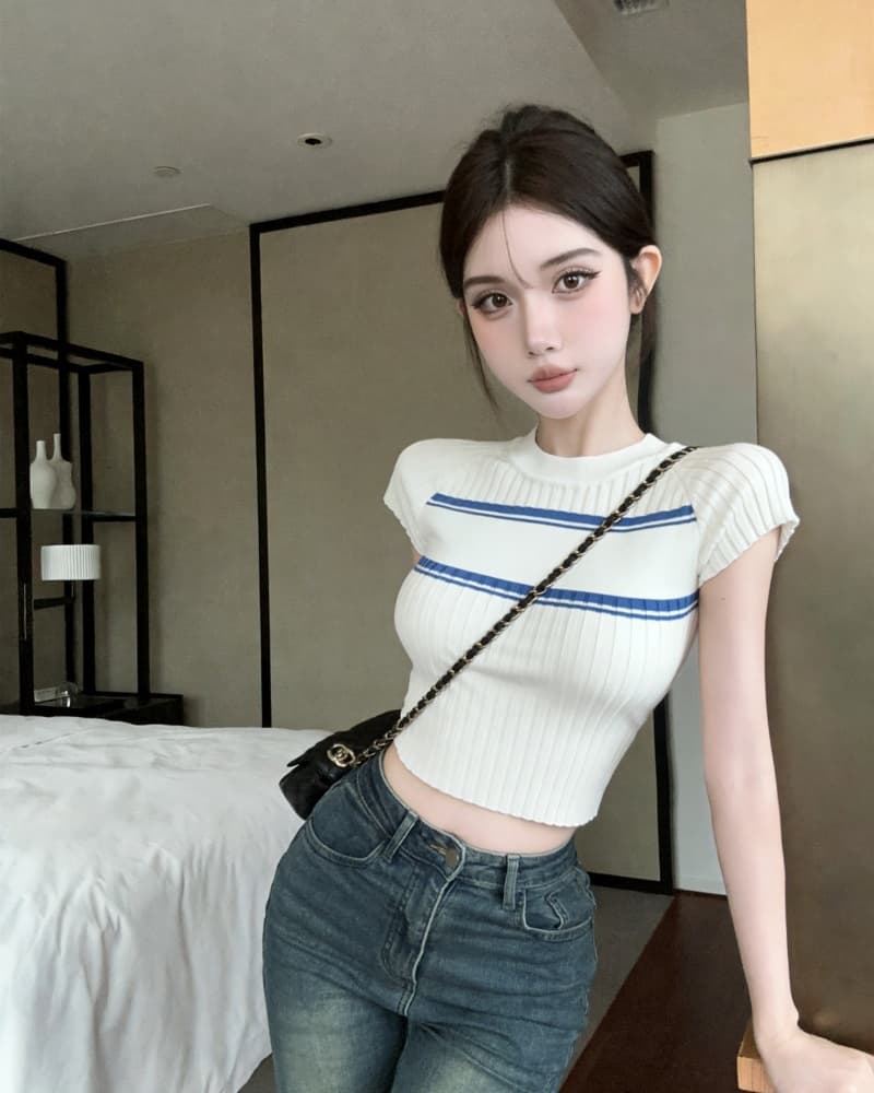 실사 새로운 한 부서 배색 수직 구덩이 기사 타이트 니트 반팔 맨위 여성 상세 이미지 3