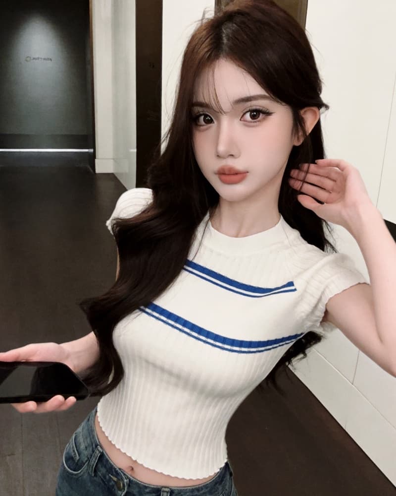 실사 새로운 한 부서 배색 수직 구덩이 기사 타이트 니트 반팔 맨위 여성 상세 이미지 4