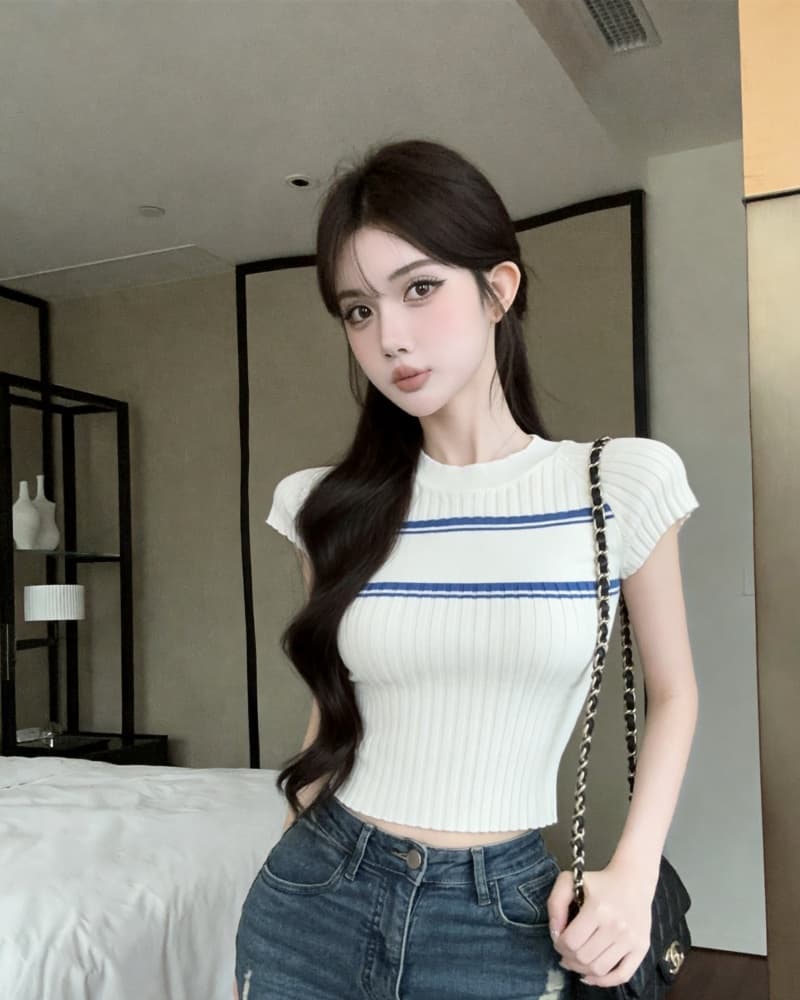 실사 새로운 한 부서 배색 수직 구덩이 기사 타이트 니트 반팔 맨위 여성 상세 이미지 7