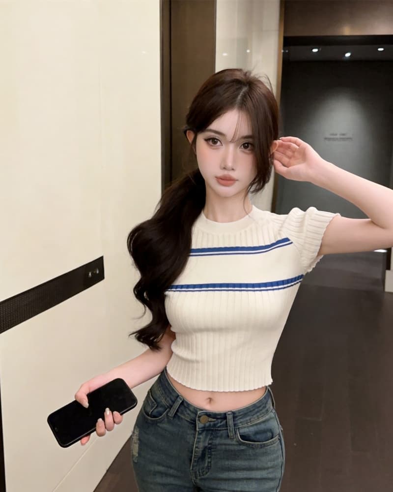 실사 새로운 한 부서 배색 수직 구덩이 기사 타이트 니트 반팔 맨위 여성 상세 이미지 13