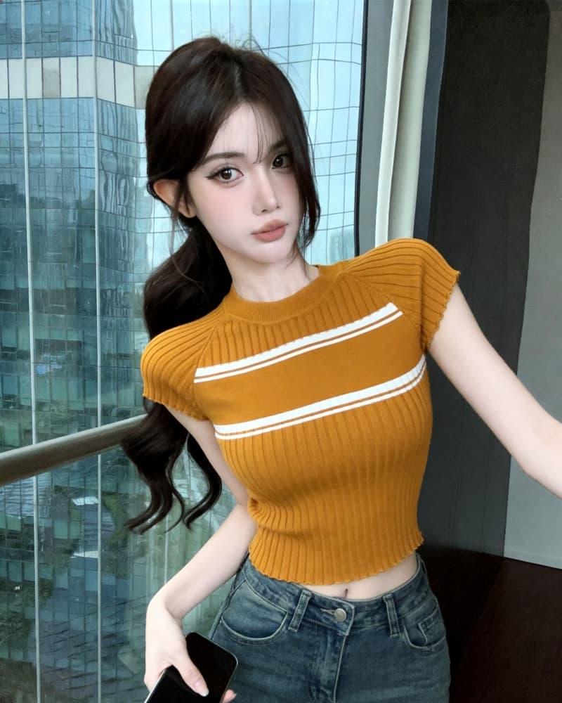 실사 새로운 한 부서 배색 수직 구덩이 기사 타이트 니트 반팔 맨위 여성 상세 이미지 15