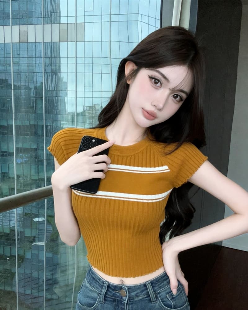 실사 새로운 한 부서 배색 수직 구덩이 기사 타이트 니트 반팔 맨위 여성 상세 이미지 16