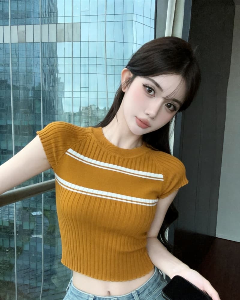 실사 새로운 한 부서 배색 수직 구덩이 기사 타이트 니트 반팔 맨위 여성 상세 이미지 17