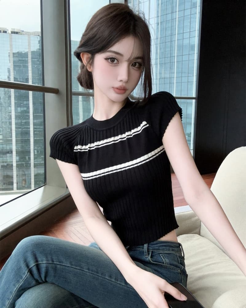 실사 새로운 한 부서 배색 수직 구덩이 기사 타이트 니트 반팔 맨위 여성 상세 이미지 18