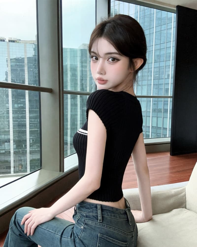 실사 새로운 한 부서 배색 수직 구덩이 기사 타이트 니트 반팔 맨위 여성 상세 이미지 19