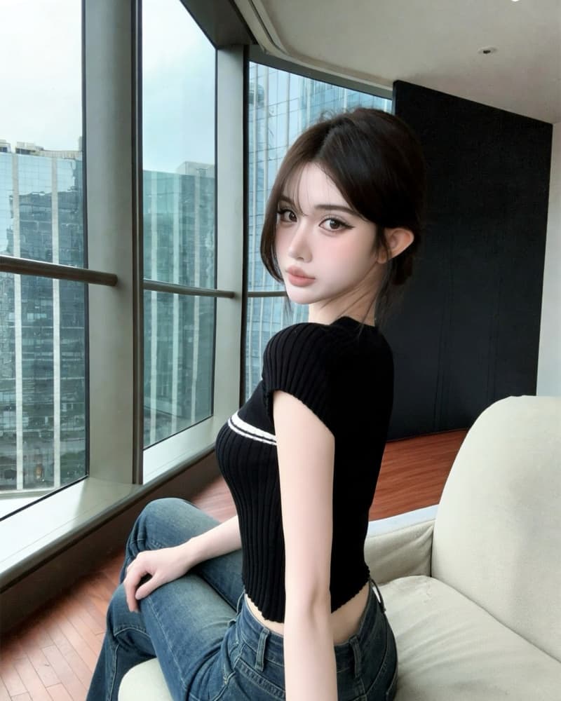 실사 새로운 한 부서 배색 수직 구덩이 기사 타이트 니트 반팔 맨위 여성 상세 이미지 22
