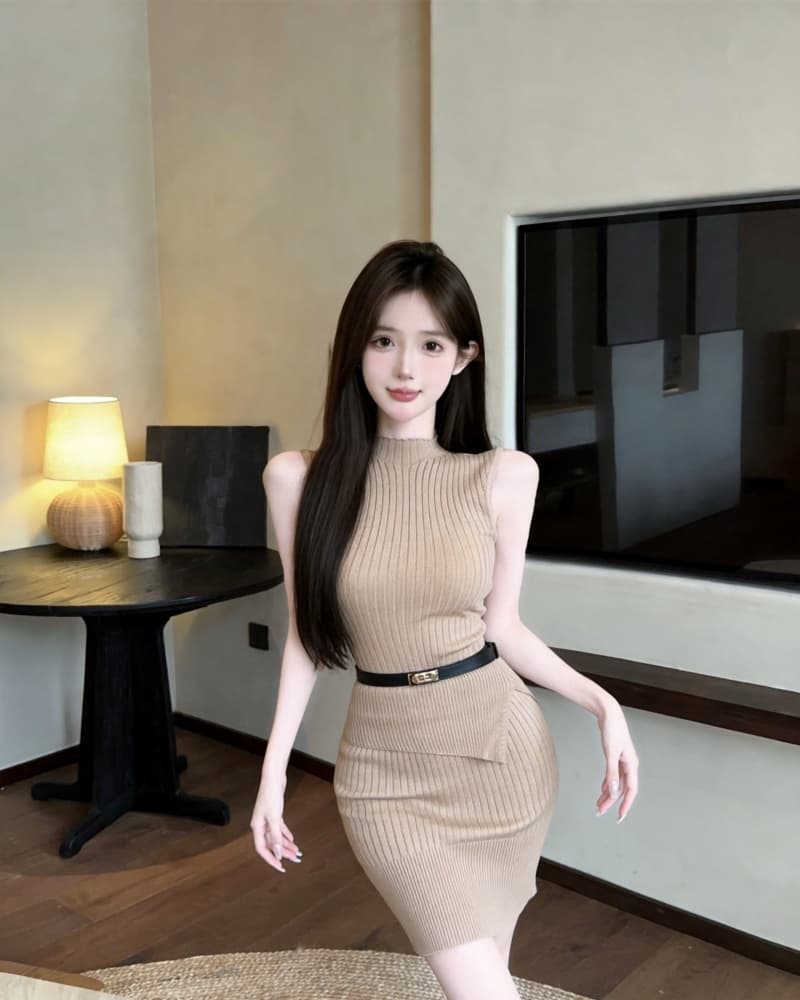 실사 새로운 회색 민소매 털 니트 스웨터 섹시함 타이트 스커트 반신 스커트 두 조각 여성 세트 벨트 포함 상세 이미지 7