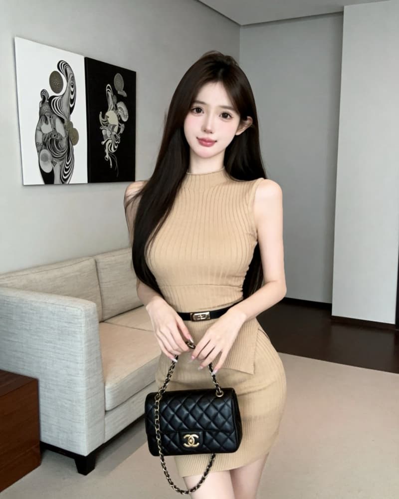실사 새로운 회색 민소매 털 니트 스웨터 섹시함 타이트 스커트 반신 스커트 두 조각 여성 세트 벨트 포함 상세 이미지 9