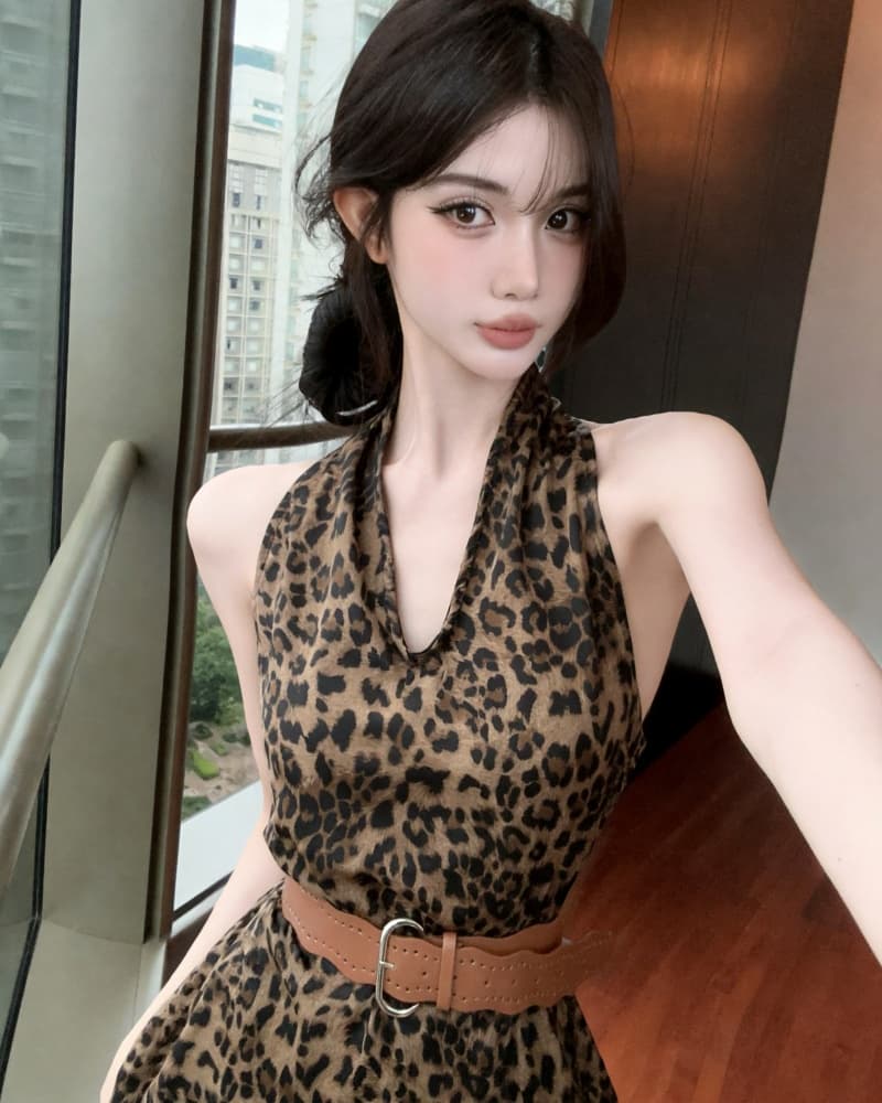 실사 새로운 순수한 욕망 바람 레오파드 무늬 V넥 행침 목 조끼 맨위 여성 벨트 포함 상세 이미지 18