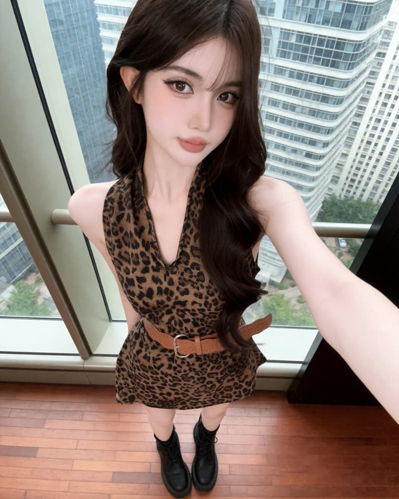 실사 새로운 순수한 욕망 바람 레오파드 무늬 V넥 행침 목 조끼 맨위 여성 벨트 포함 상세 이미지 7