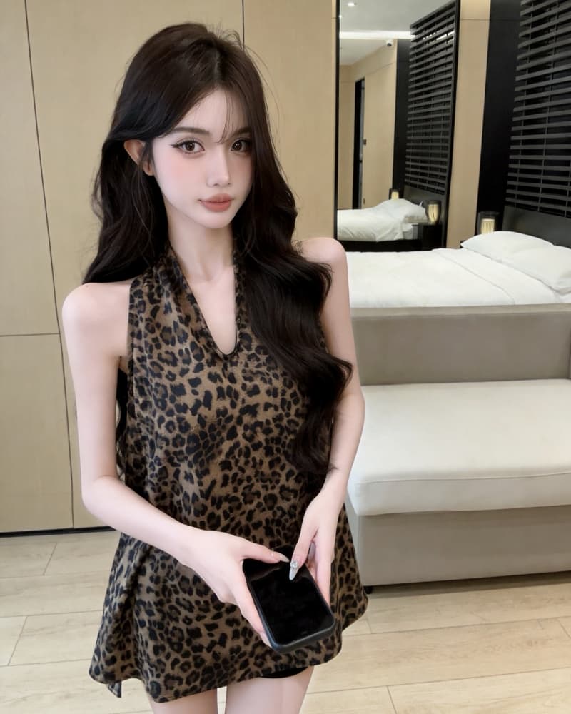 실사 새로운 순수한 욕망 바람 레오파드 무늬 V넥 행침 목 조끼 맨위 여성 벨트 포함 상세 이미지 10