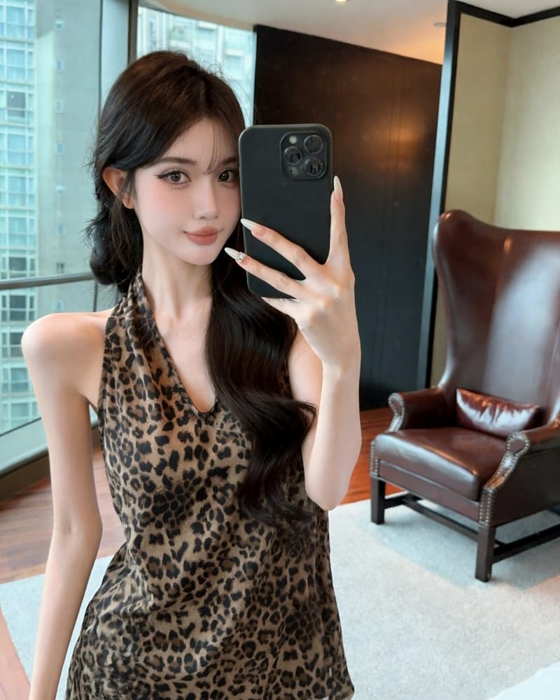 실사 새로운 순수한 욕망 바람 레오파드 무늬 V넥 행침 목 조끼 맨위 여성 벨트 포함 상세 이미지 13