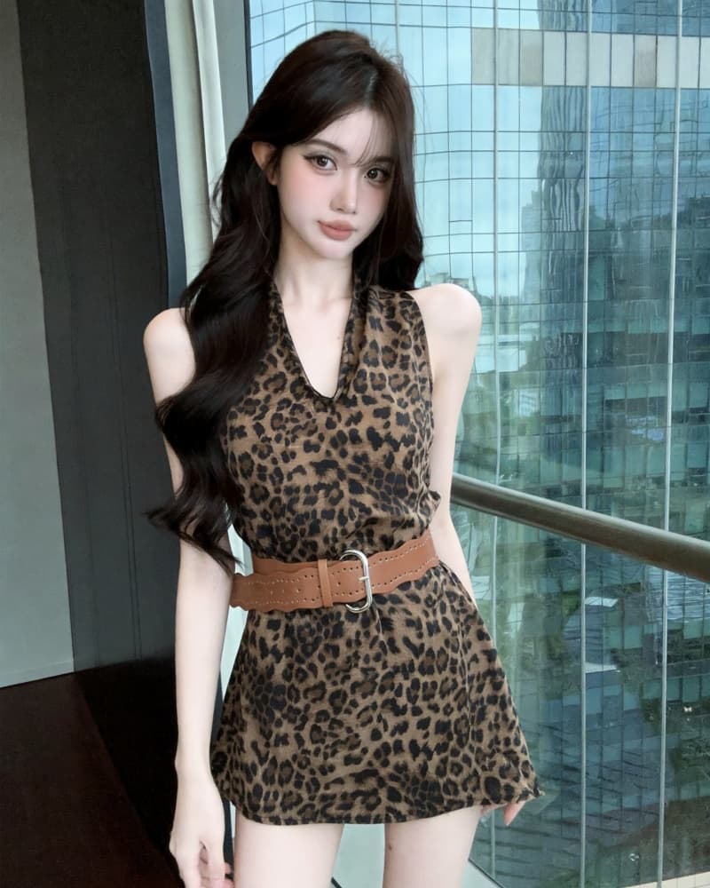실사 새로운 순수한 욕망 바람 레오파드 무늬 V넥 행침 목 조끼 맨위 여성 벨트 포함 상세 이미지 1