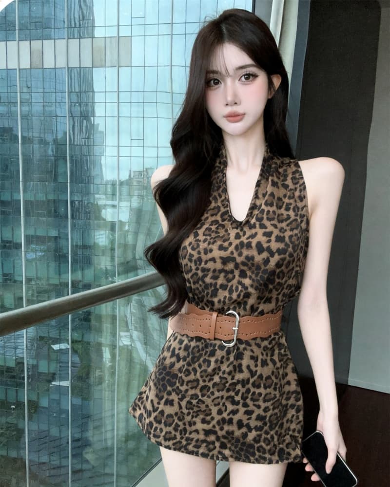 실사 새로운 순수한 욕망 바람 레오파드 무늬 V넥 행침 목 조끼 맨위 여성 벨트 포함 상세 이미지 12