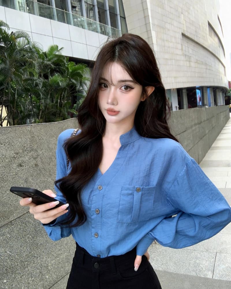 실사 새로운 오래된 돈 바람 톰 글 래 원인 블루 면 린넨 긴팔 자외선 차단 여성 셔츠 상세 이미지 2