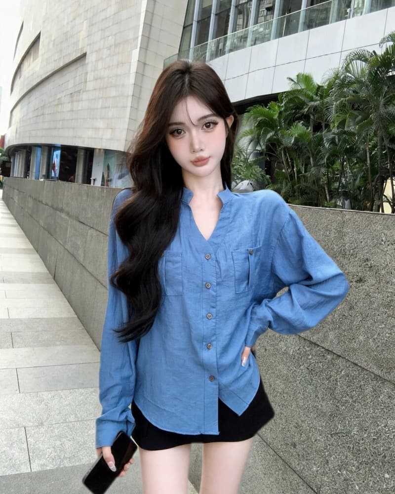 실사 새로운 오래된 돈 바람 톰 글 래 원인 블루 면 린넨 긴팔 자외선 차단 여성 셔츠 상세 이미지 7