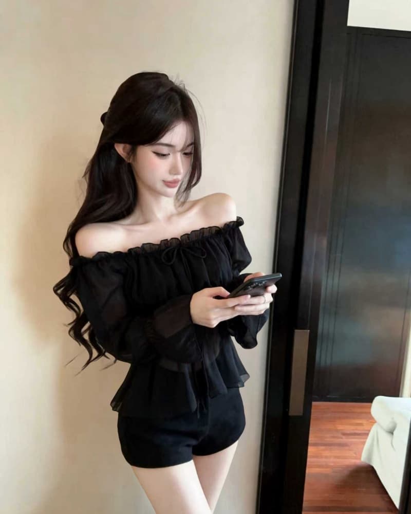 실사 새로운 살구 색상 오프숄더 레이스업 하프 시스루 레이스 쉬폰 블라우스 맨위 여성 이미지 2