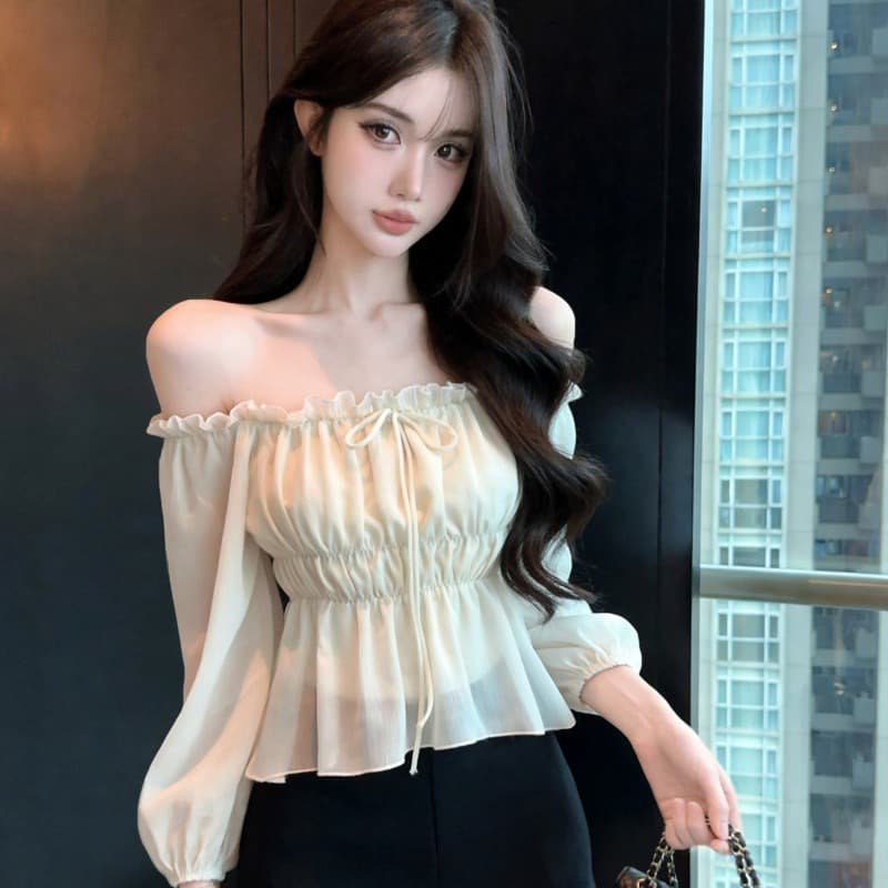 실사 새로운 살구 색상 오프숄더 레이스업 하프 시스루 레이스 쉬폰 블라우스 맨위 여성 이미지 5
