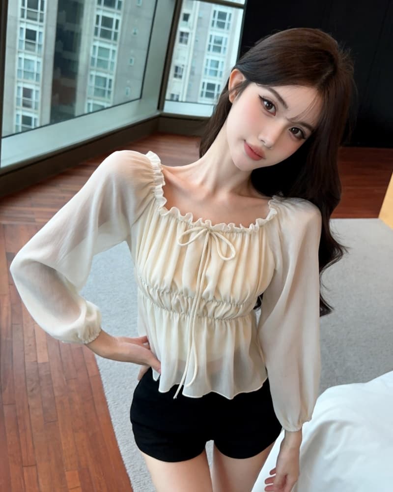 실사 새로운 살구 색상 오프숄더 레이스업 하프 시스루 레이스 쉬폰 블라우스 맨위 여성 상세 이미지 3
