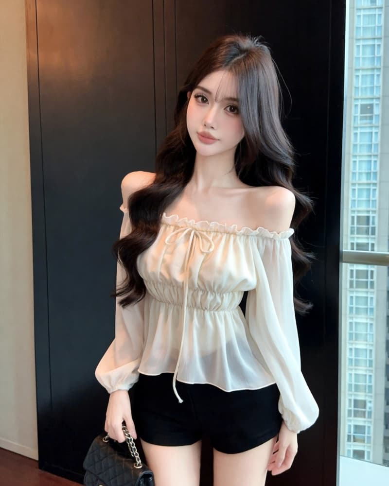 실사 새로운 살구 색상 오프숄더 레이스업 하프 시스루 레이스 쉬폰 블라우스 맨위 여성 상세 이미지 4