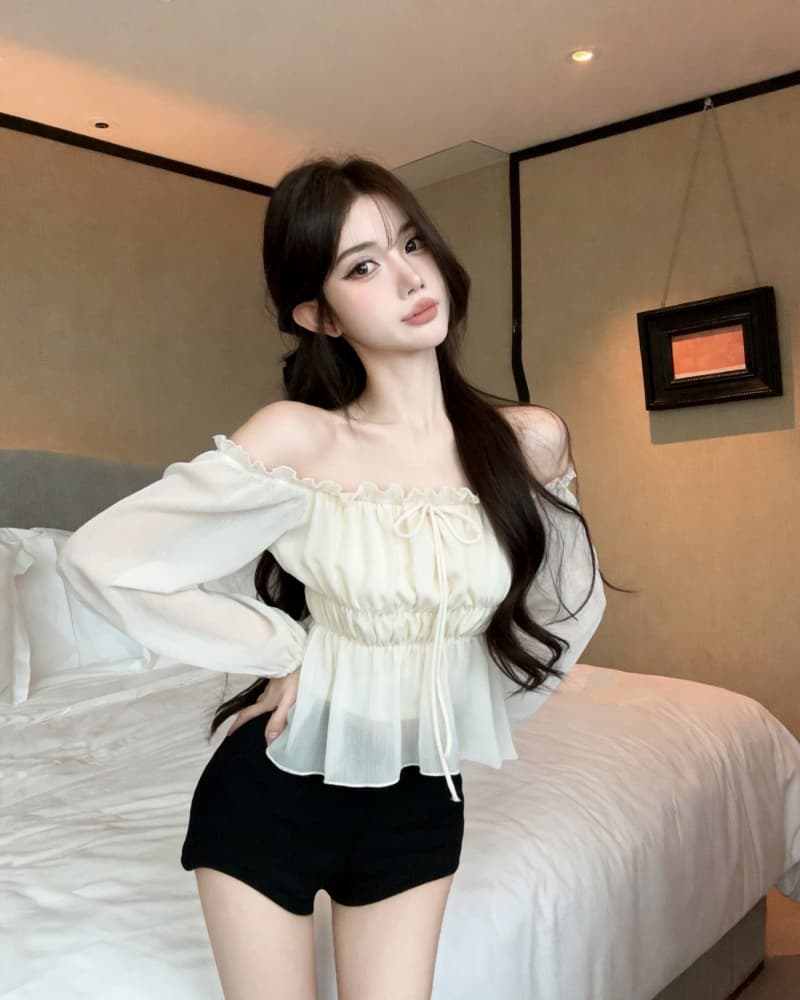 실사 새로운 살구 색상 오프숄더 레이스업 하프 시스루 레이스 쉬폰 블라우스 맨위 여성 상세 이미지 8