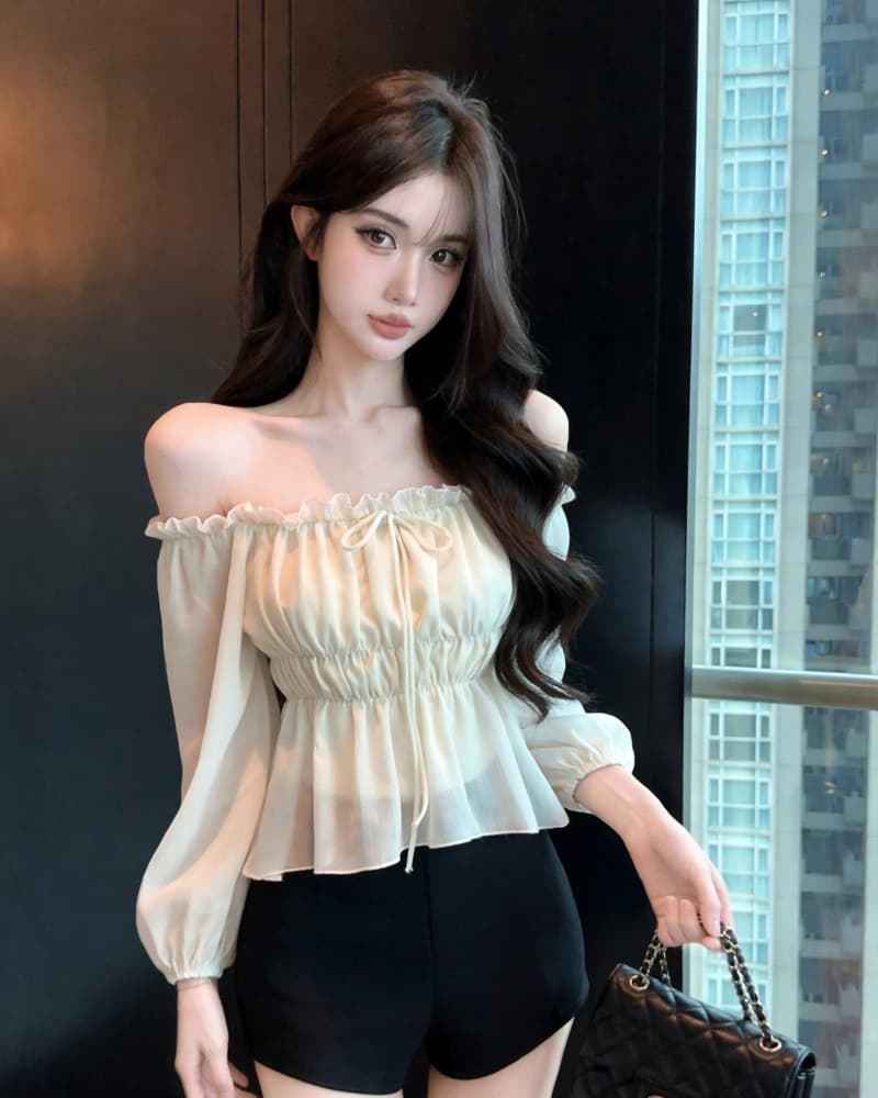 실사 새로운 살구 색상 오프숄더 레이스업 하프 시스루 레이스 쉬폰 블라우스 맨위 여성 상세 이미지 9
