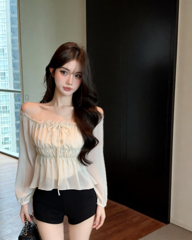 실사 새로운 살구 색상 오프숄더 레이스업 하프 시스루 레이스 쉬폰 블라우스 맨위 여성 상세 이미지 10