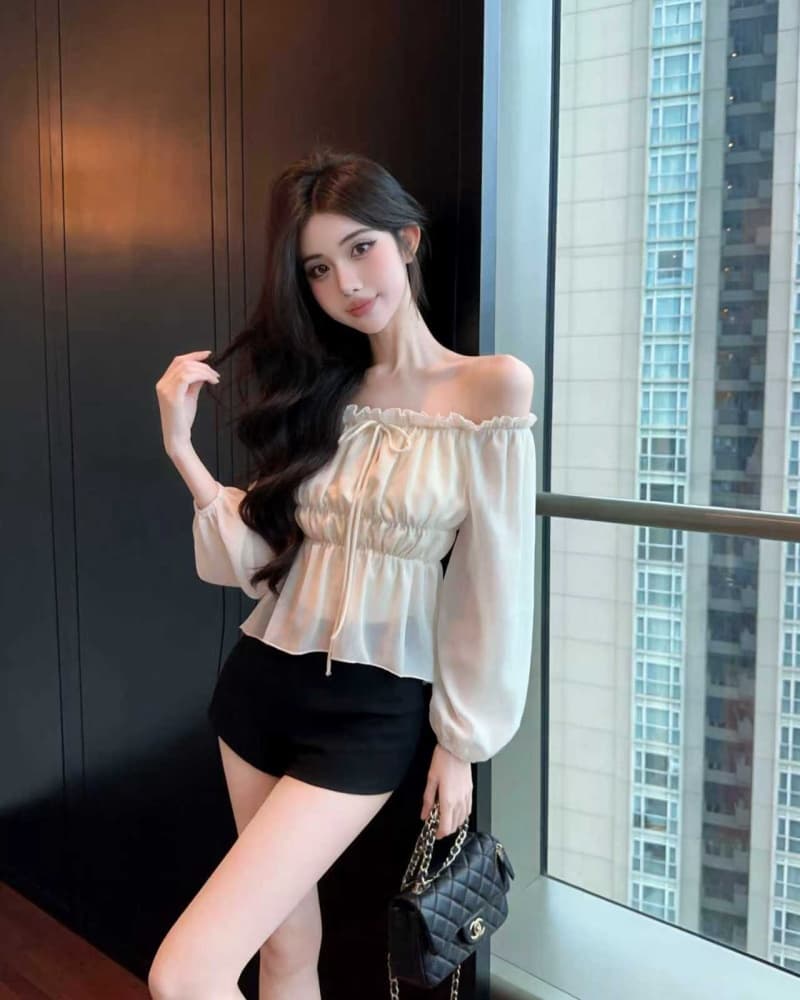 실사 새로운 살구 색상 오프숄더 레이스업 하프 시스루 레이스 쉬폰 블라우스 맨위 여성 상세 이미지 11