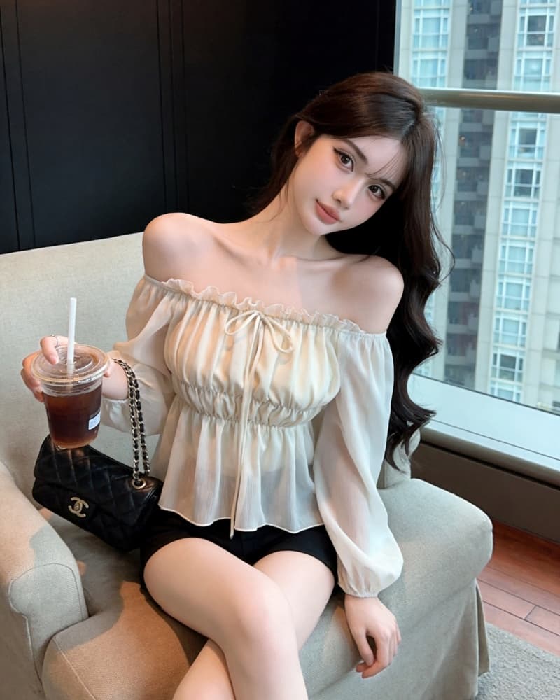 실사 새로운 살구 색상 오프숄더 레이스업 하프 시스루 레이스 쉬폰 블라우스 맨위 여성 상세 이미지 12