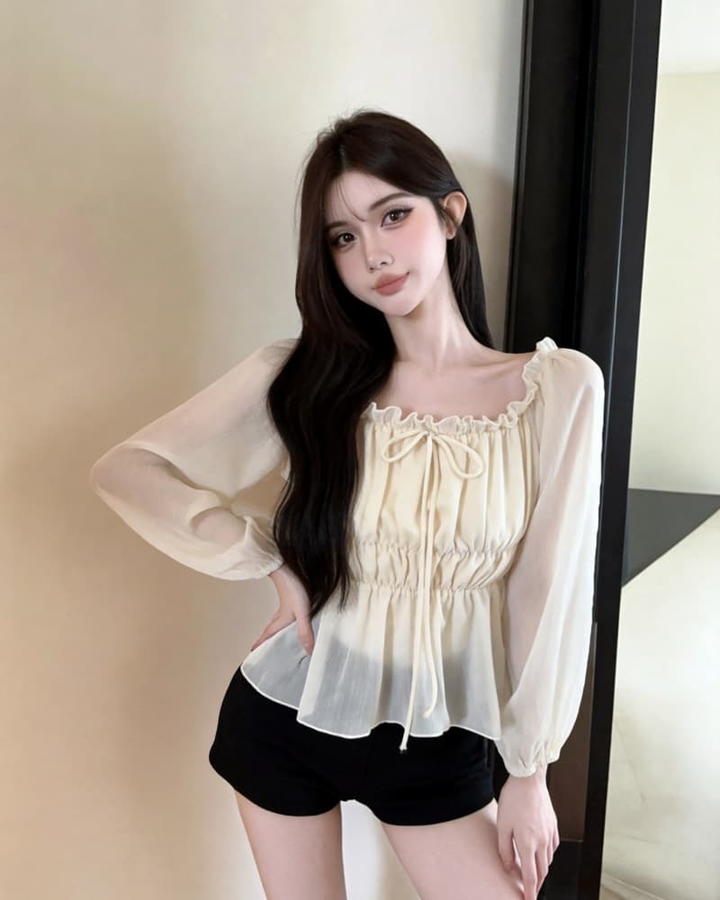 실사 새로운 살구 색상 오프숄더 레이스업 하프 시스루 레이스 쉬폰 블라우스 맨위 여성 상세 이미지 13