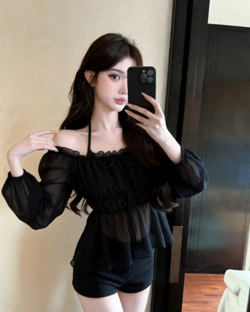 실사 새로운 살구 색상 오프숄더 레이스업 하프 시스루 레이스 쉬폰 블라우스 맨위 여성 상세 이미지 14