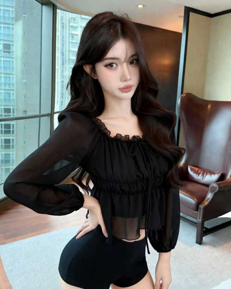 실사 새로운 살구 색상 오프숄더 레이스업 하프 시스루 레이스 쉬폰 블라우스 맨위 여성 상세 이미지 16